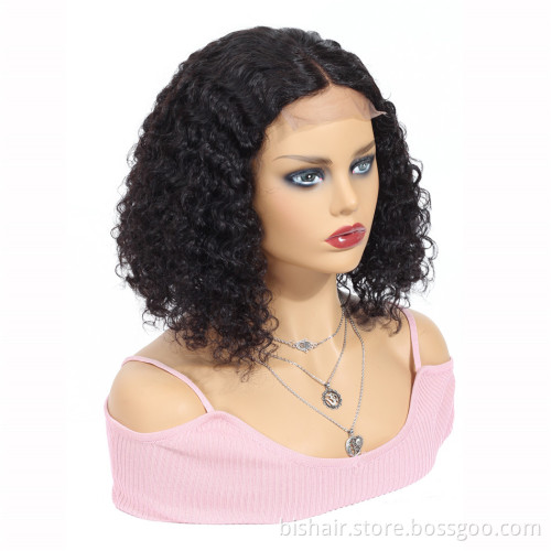BIS Wholesale The Cheapest Kinky Curl Wig Vendor 100% Brazilian Hair Wig 150% Density Short Bob 4*4 Closure Front Lace Wig